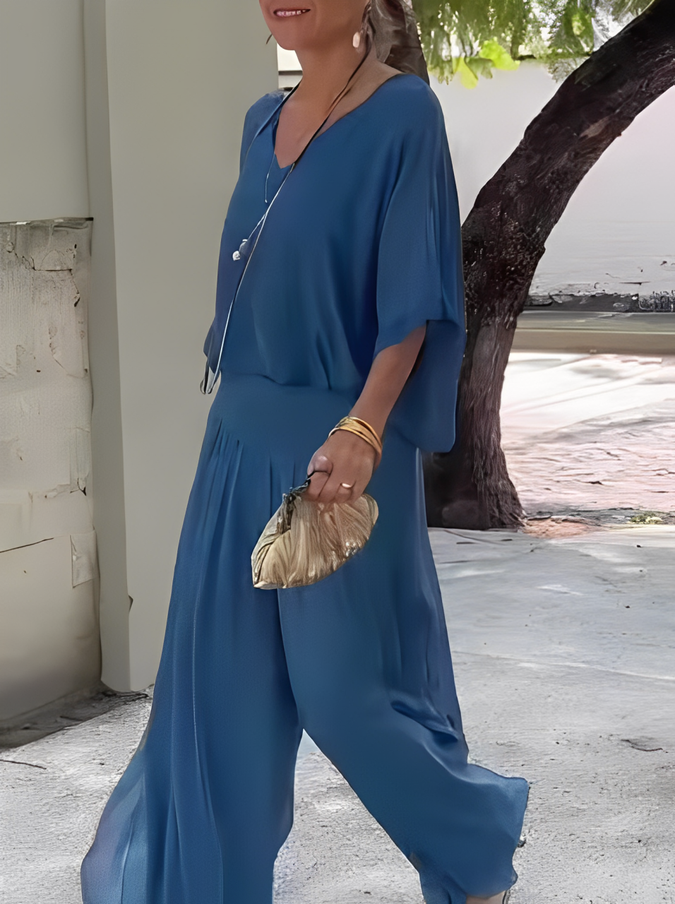 MONO BOHEMIO CHIFFON- ESCOTE EN V, PIERNA ANCHA