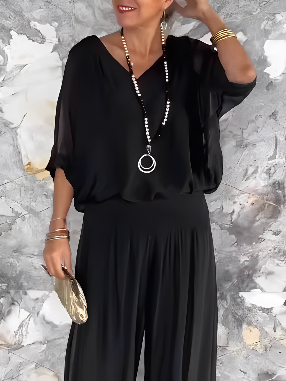 MONO BOHEMIO CHIFFON- ESCOTE EN V, PIERNA ANCHA
