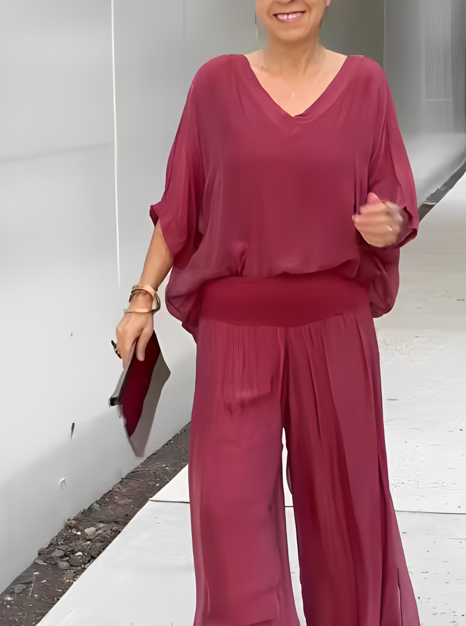 MONO BOHEMIO CHIFFON- ESCOTE EN V, PIERNA ANCHA