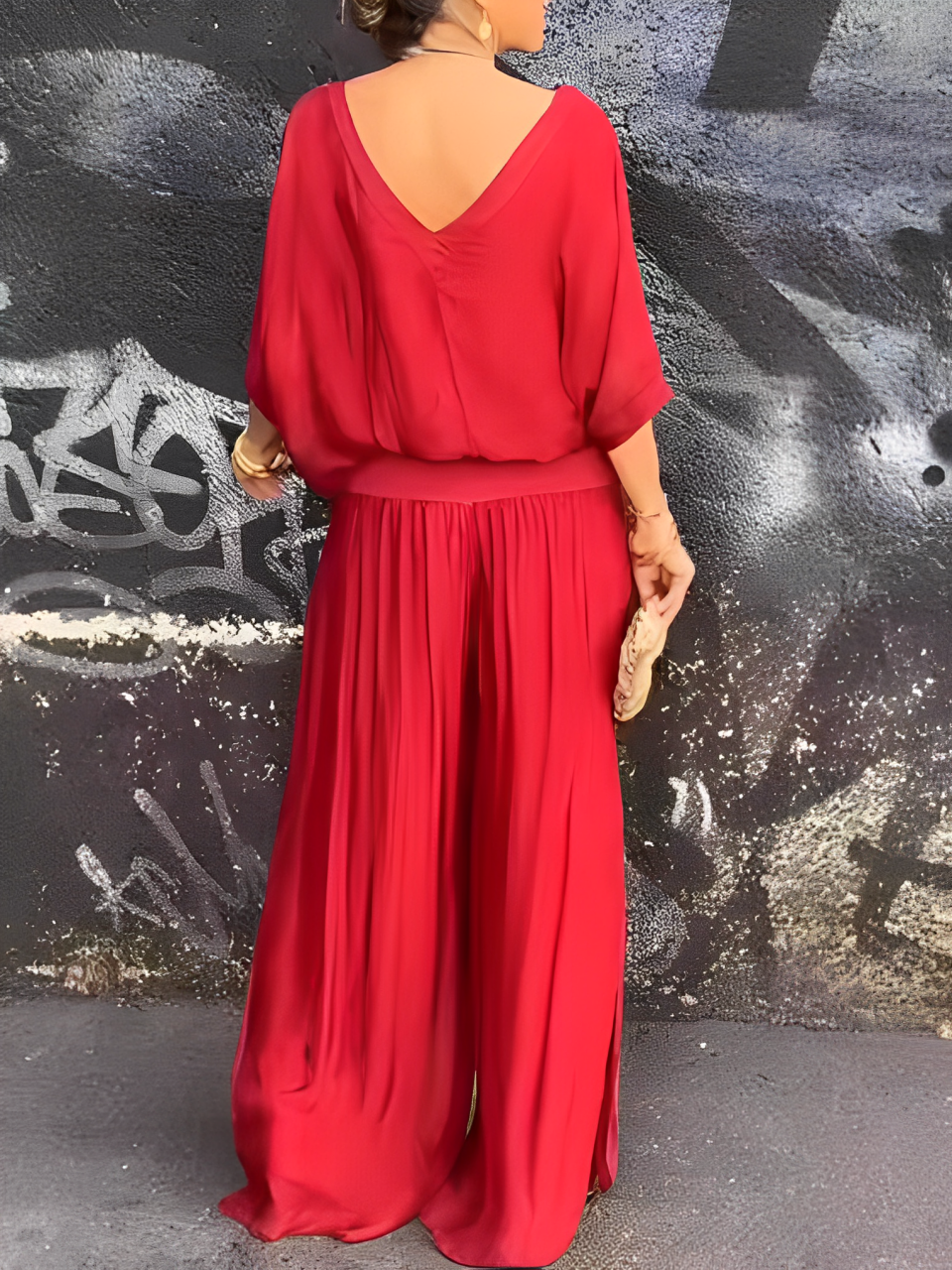 MONO BOHEMIO CHIFFON- ESCOTE EN V, PIERNA ANCHA