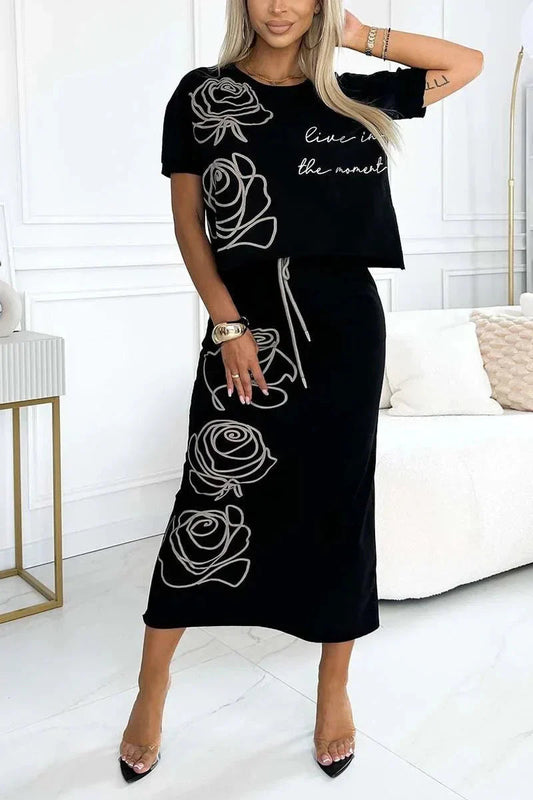 CONJUNTO JAÉN - BLUSA CON ESTAMPADO + FALDA CORPIÑO