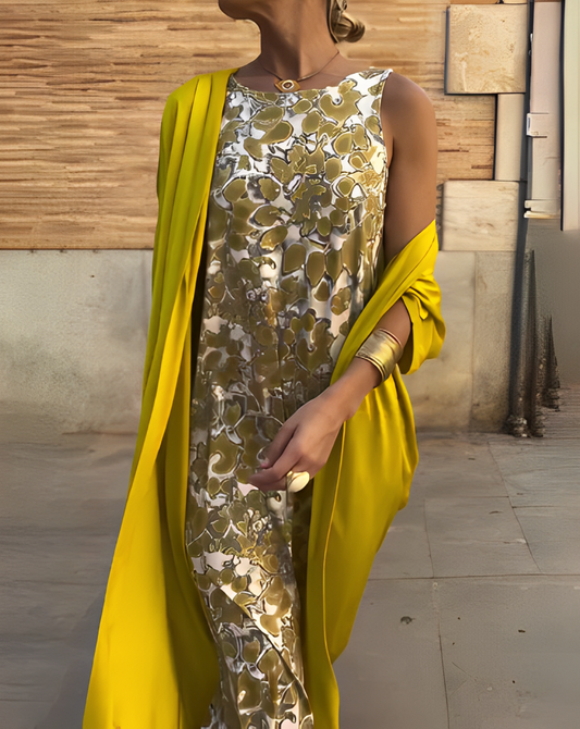 ELEGANCIA SERENA – VESTIDO LARGO + CÁRDIGAN DE REGALO