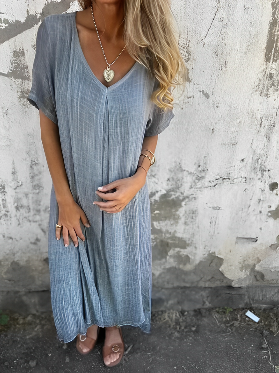 VESTIDO ALGODÓN Y LINO CON ESCOTE EN V