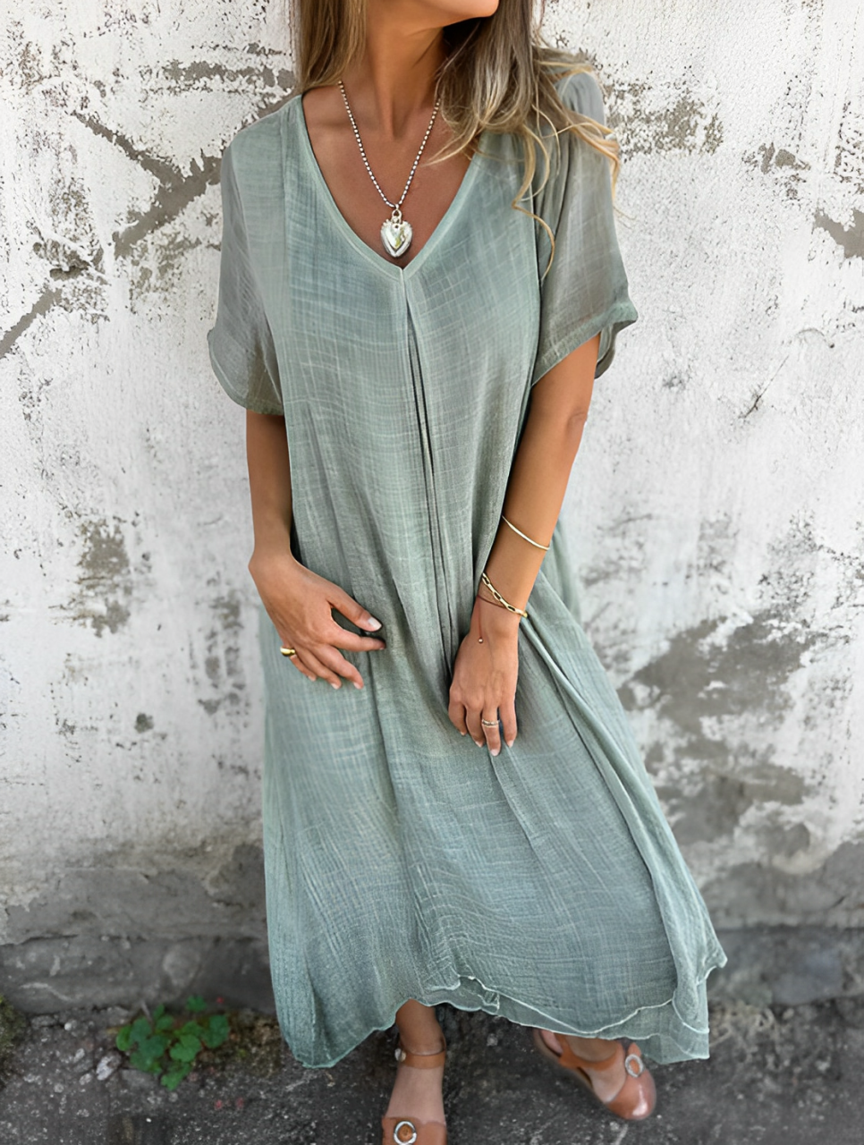 VESTIDO ALGODÓN Y LINO CON ESCOTE EN V