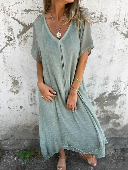 VESTIDO ALGODÓN Y LINO CON ESCOTE EN V