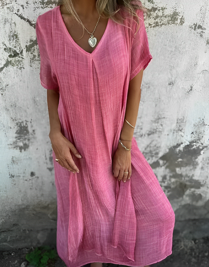 VESTIDO ALGODÓN Y LINO CON ESCOTE EN V