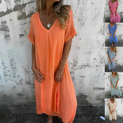 VESTIDO ALGODÓN Y LINO CON ESCOTE EN V