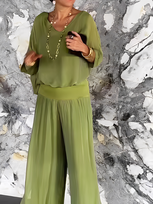 MONO BOHEMIO CHIFFON- ESCOTE EN V, PIERNA ANCHA